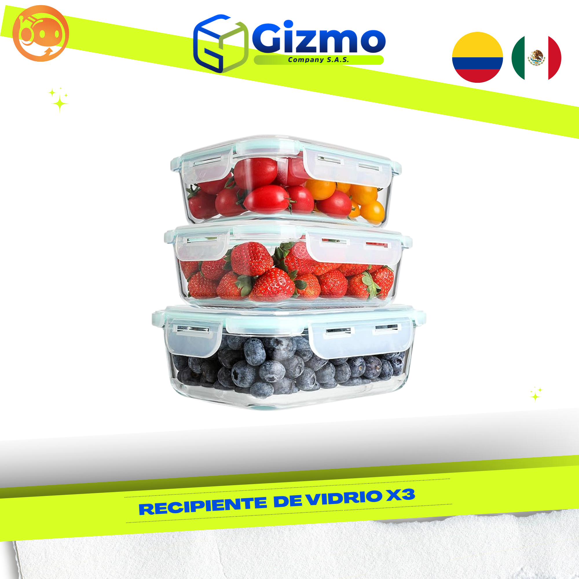 Recipiente de vidrio x3